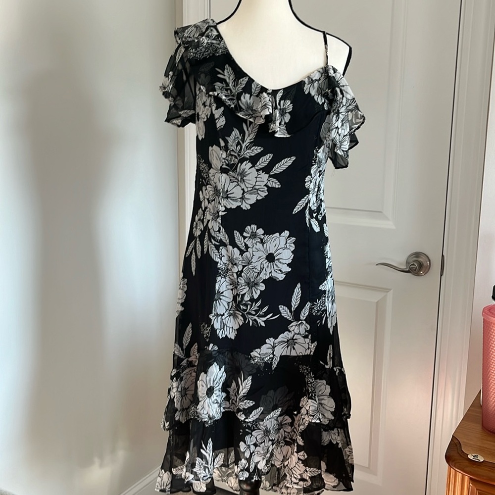 Colleen Lopez Black and Gray Floral Asymmetrical Dress NWOT